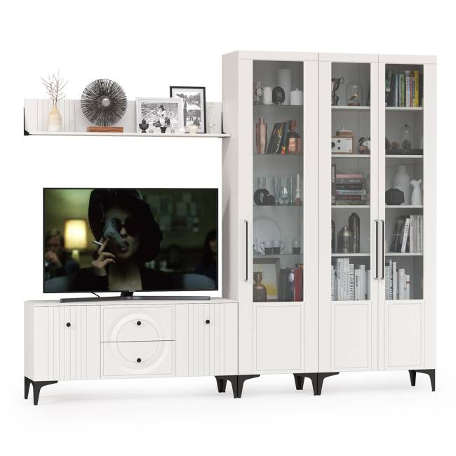 Широкий сервант с полкой и ТВ-тумбой Валенсия цвет белый шагрень