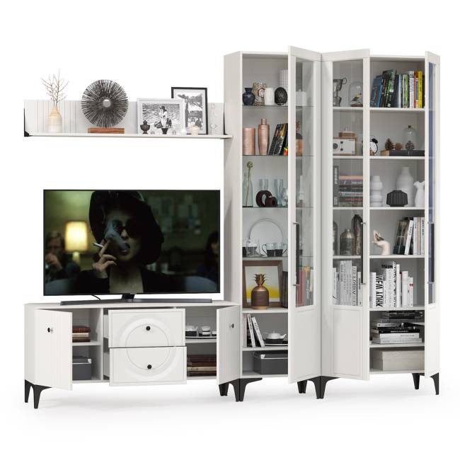 Широкий сервант с полкой и ТВ-тумбой Валенсия цвет белый шагрень