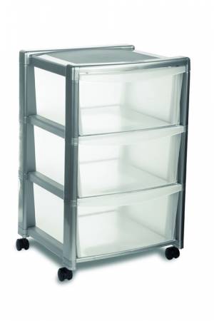 Комод для хранения из пластика с колесами серебро (на 3 отделения)