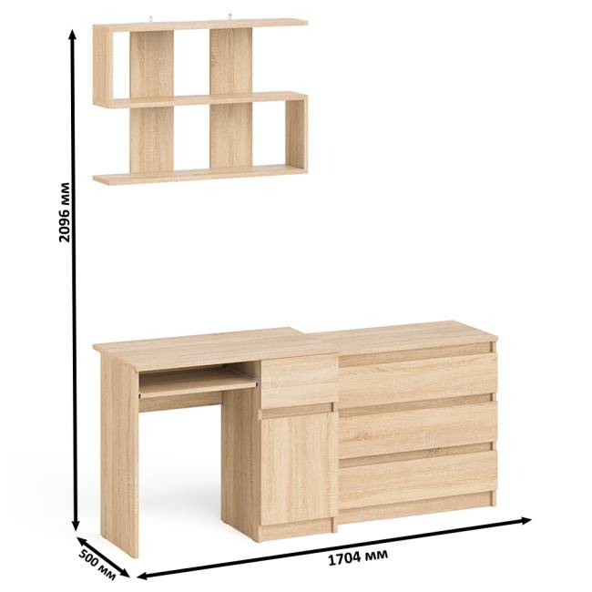 Комод три ящика МК800.1 с компьютерным столом Мори МС-1 правый и навесной полкой 900 цвет дуб сонома