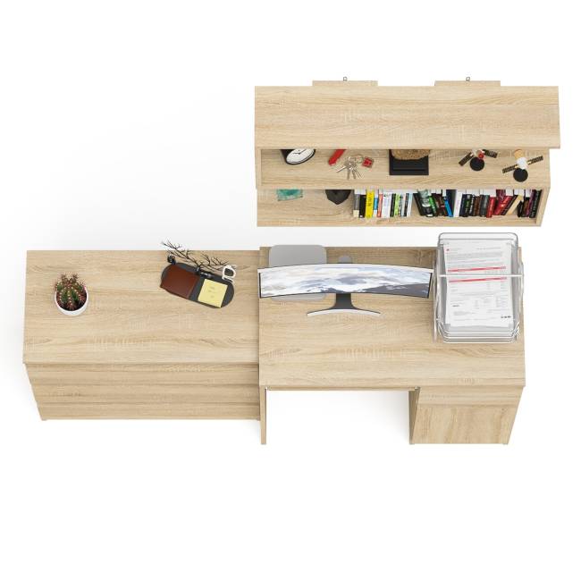 Комод три ящика МК800.1 с компьютерным столом Мори МС-1 правый и навесной полкой 900 цвет дуб сонома