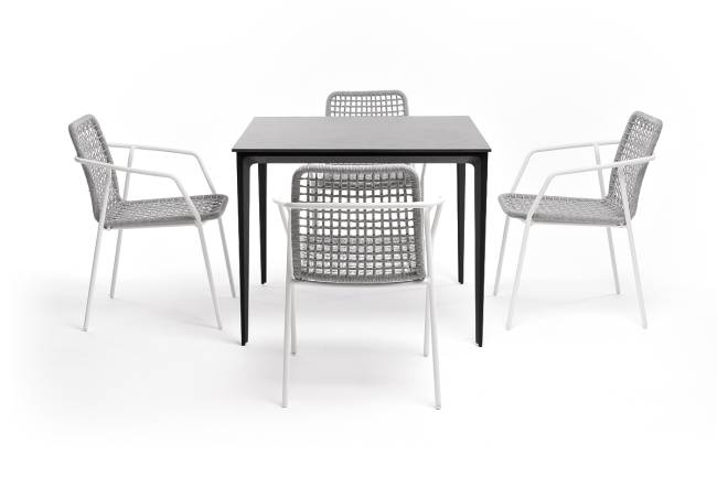 "Малага" обеденная группа на 4 персоны со стульями "Тунис", каркас белый, роуп светло-серый