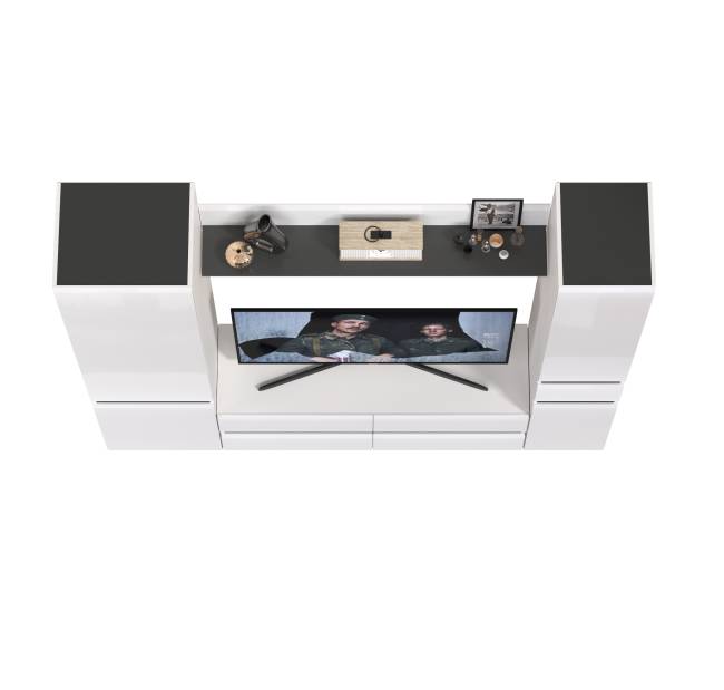 Тумба для ТВ Сидней в комплекте с полочкой шкафом с ящиком и шкафом с дверкой цвет белый/чёрный/МДФ белый глянец