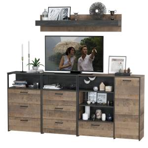 Два комода с ящиками с навесной полкой и комод с ящиком и дверкой в гостиную Трувор цвет дуб гранж песочный/интра