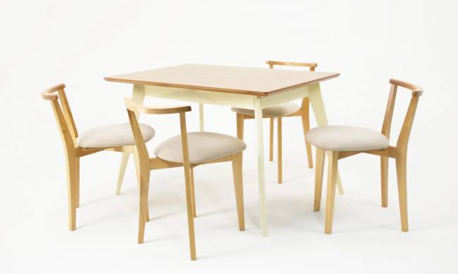 Стол Сканди 120 слоновая кость/натур со стульями Франк натур велюр бежевый