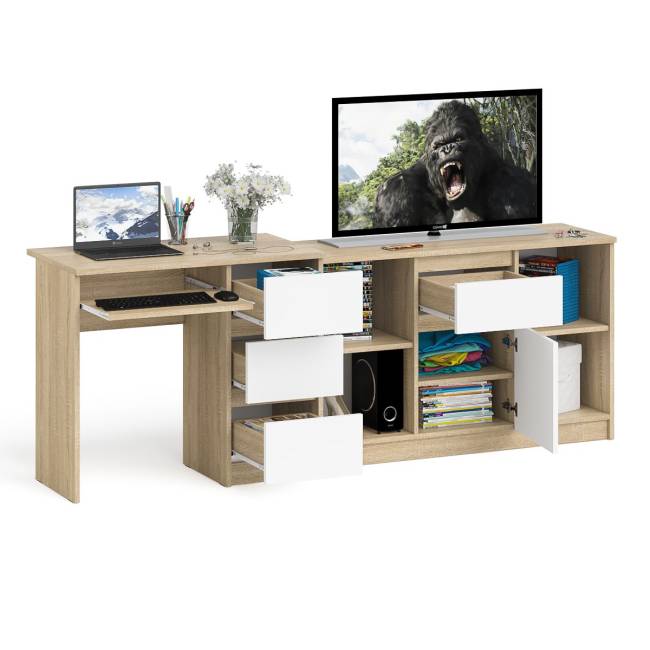 Компьютерный стол три ящика МС-6 правый с тумбой Мори 1204-1 цвет дуб сонома/белый