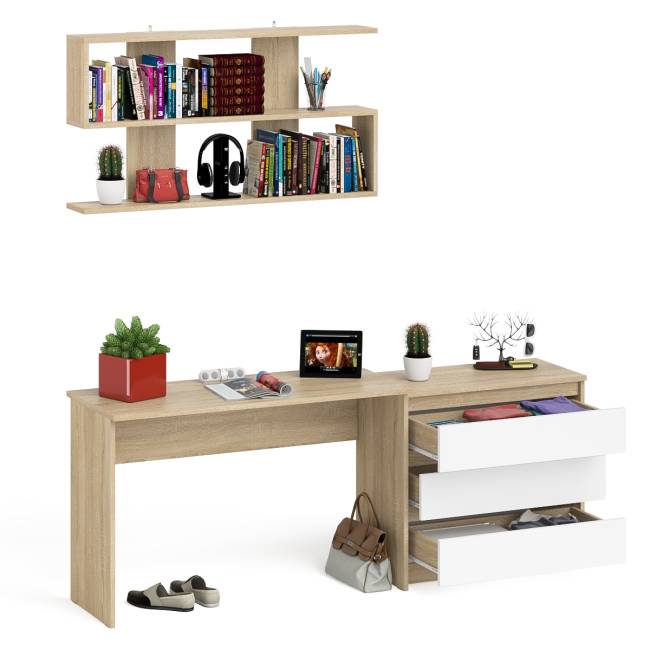 Комод три ящика Мори 800 с письменным столом 1200 и навесной полкой 1200 цвет дуб сонома/белый