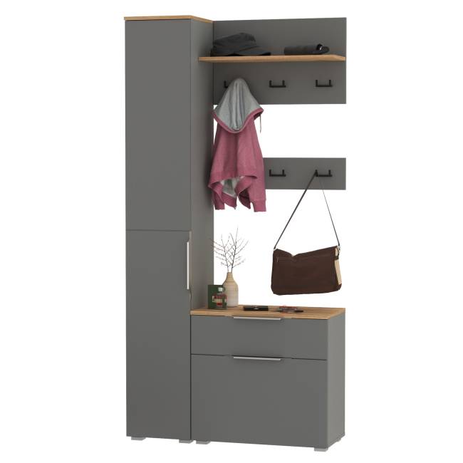 Тумба для обуви с пеналом для одежды и двумя вешалками Октава цвет серый графит/дуб крафт золотой