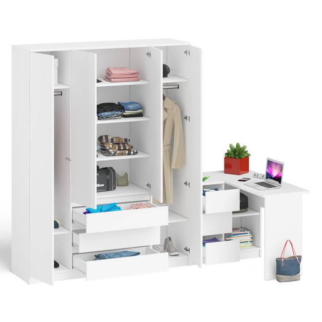Стол компьютерный угловой с тумбой слева и шкаф 1600 Мори цвет белый