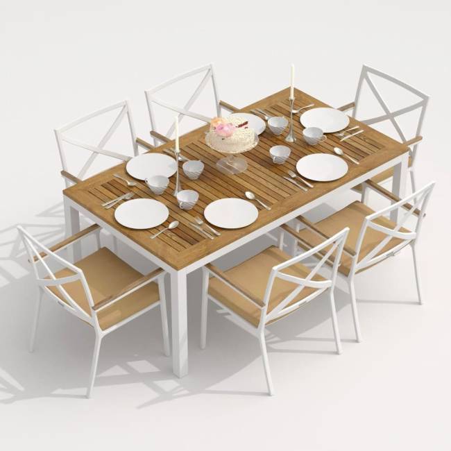 Обеденная группа TELLA  FESTA  каркас белый / стол тик 180 / ткань бежевая