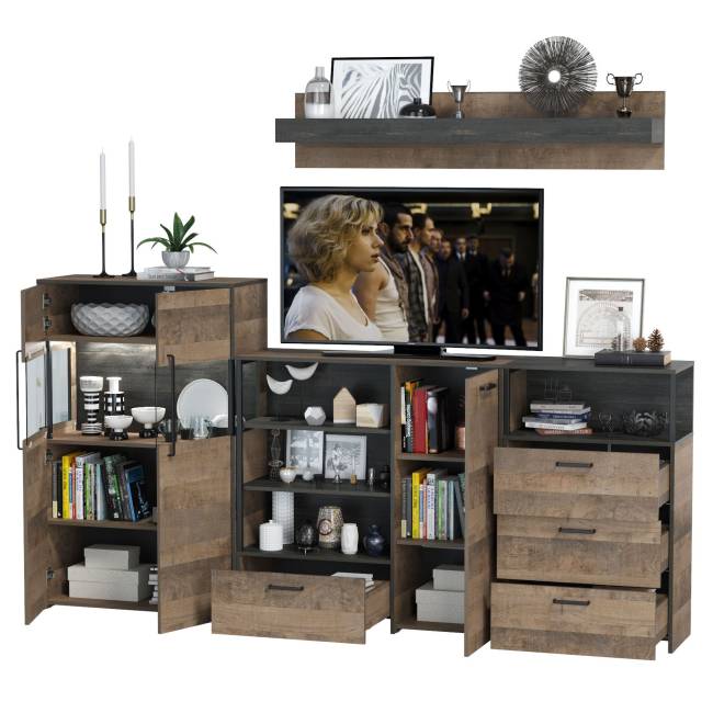 Комод с витриной с подсветкой с комодом с ящиком и дверкой и с комодом три ящика и ниша Трувор цвет дуб гранж песочный/интра