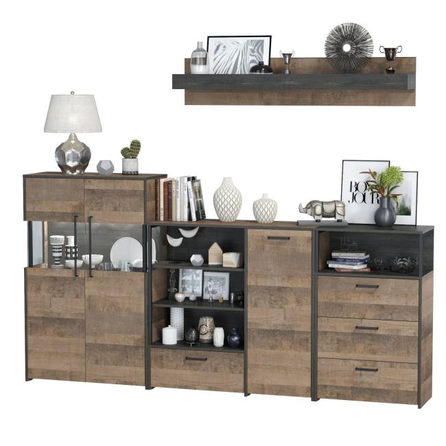 Комод с витриной с подсветкой с комодом с ящиком и дверкой и с комодом три ящика и ниша Трувор цвет дуб гранж песочный/интра