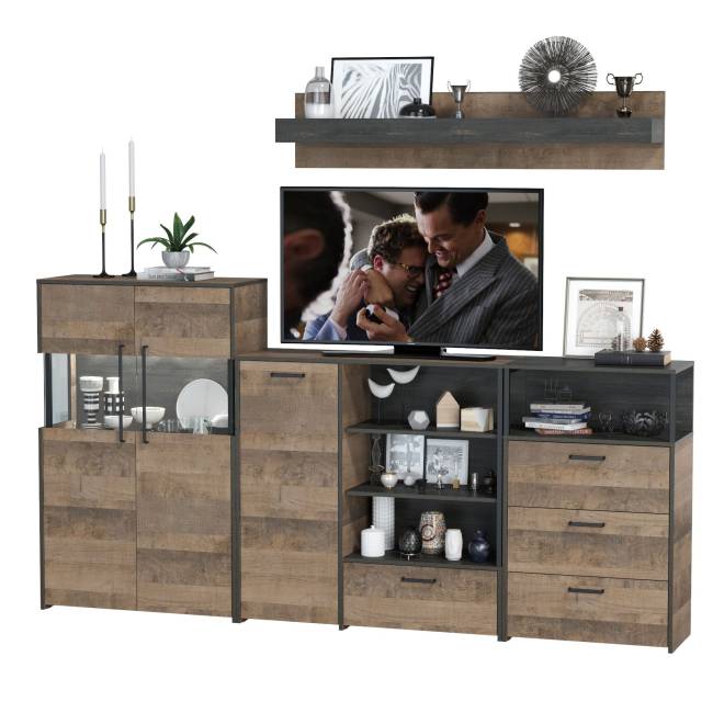 Комод с витриной с подсветкой с комодом с ящиком и дверкой и с комодом три ящика и ниша Трувор цвет дуб гранж песочный/интра