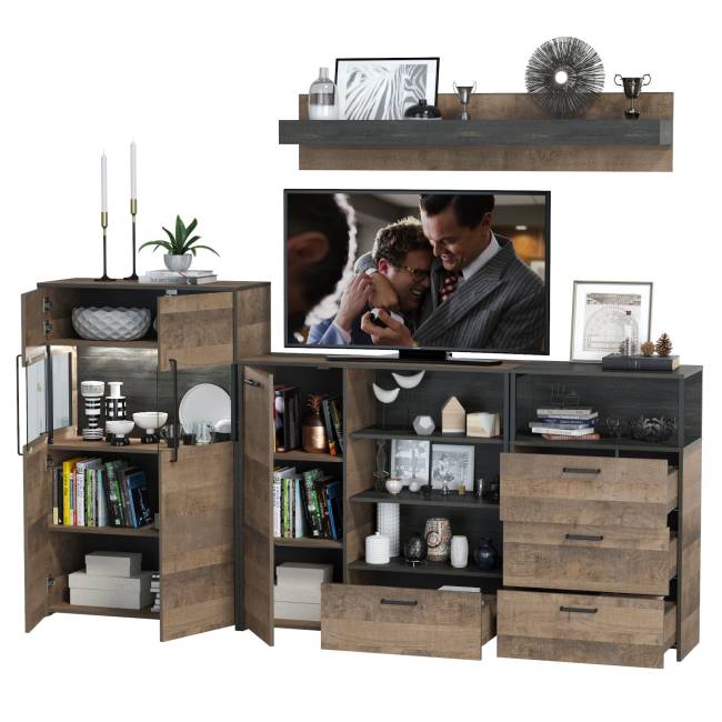 Комод с витриной с подсветкой с комодом с ящиком и дверкой и с комодом три ящика и ниша Трувор цвет дуб гранж песочный/интра