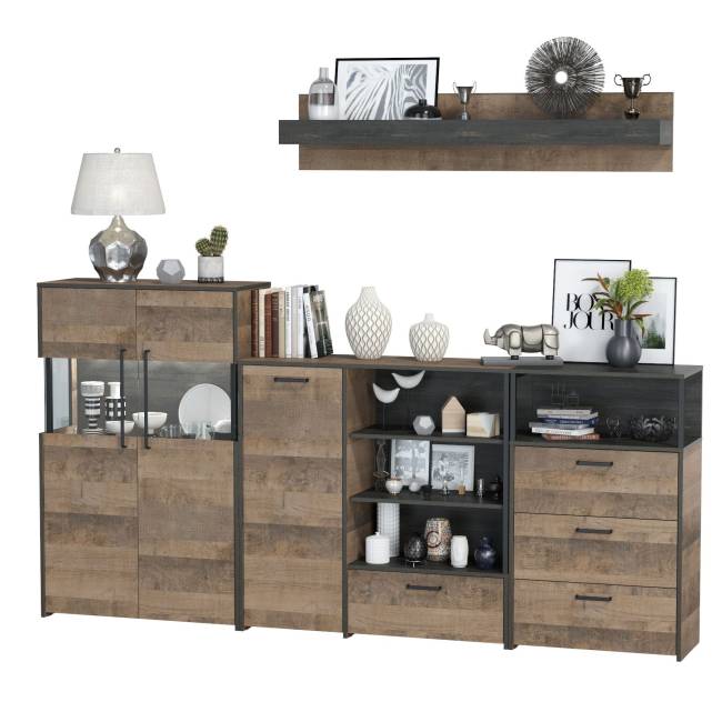 Комод с витриной с подсветкой с комодом с ящиком и дверкой и с комодом три ящика и ниша Трувор цвет дуб гранж песочный/интра