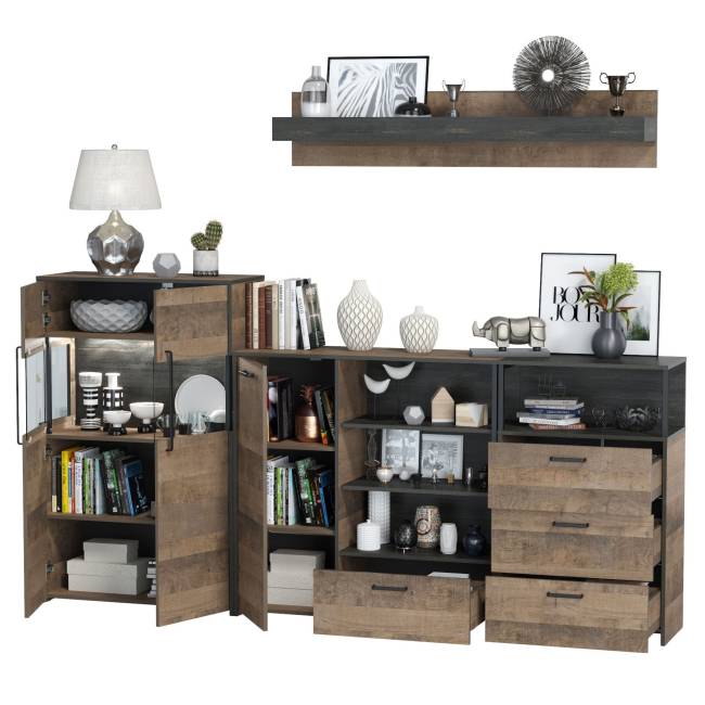 Комод с витриной с подсветкой с комодом с ящиком и дверкой и с комодом три ящика и ниша Трувор цвет дуб гранж песочный/интра