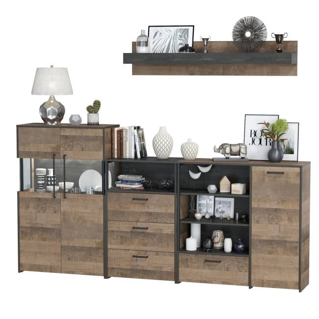 Комод с витриной с подсветкой с комодом с ящиком и дверкой и с комодом три ящика и ниша Трувор цвет дуб гранж песочный/интра