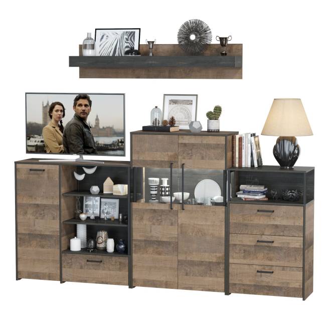 Комод с витриной с подсветкой с комодом с ящиком и дверкой и с комодом три ящика и ниша Трувор цвет дуб гранж песочный/интра