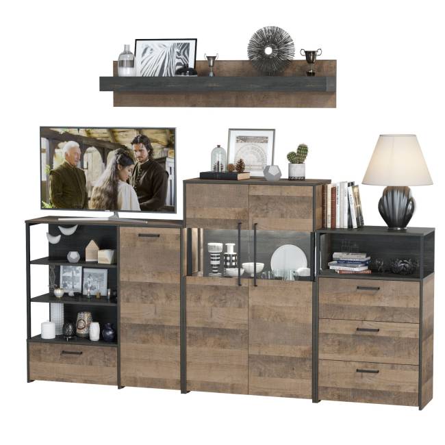 Комод с витриной с подсветкой с комодом с ящиком и дверкой и с комодом три ящика и ниша Трувор цвет дуб гранж песочный/интра