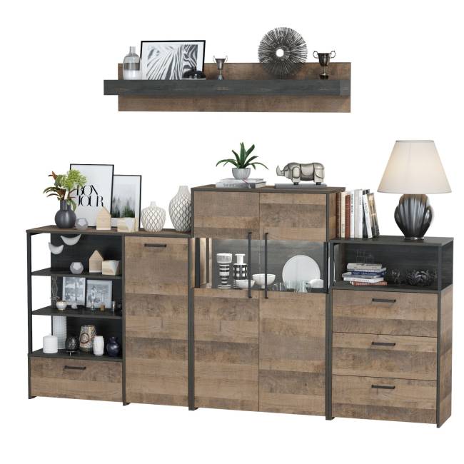 Комод с витриной с подсветкой с комодом с ящиком и дверкой и с комодом три ящика и ниша Трувор цвет дуб гранж песочный/интра