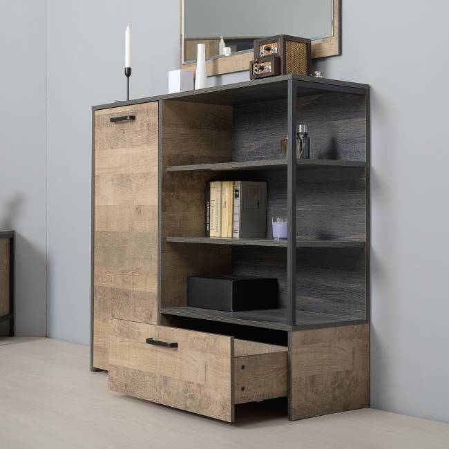 Комод с витриной с подсветкой с комодом с ящиком и дверкой и с комодом три ящика и ниша Трувор цвет дуб гранж песочный/интра