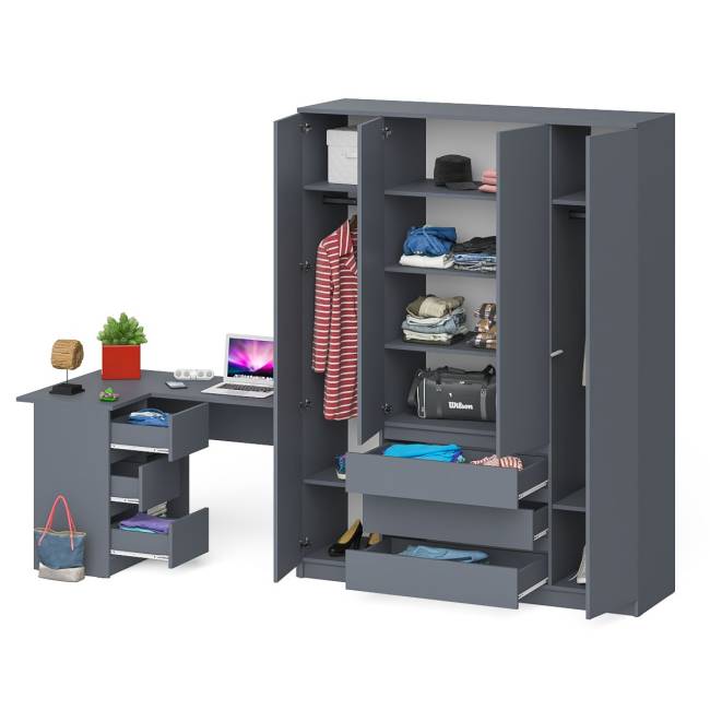 Стол компьютерный угловой с тумбой слева и шкаф 1600 Мори цвет графит