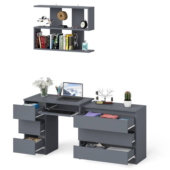 Компьютерный стол три ящика слева Мори с комодом Мори МК800.1 и полкой на 900 цвет графит