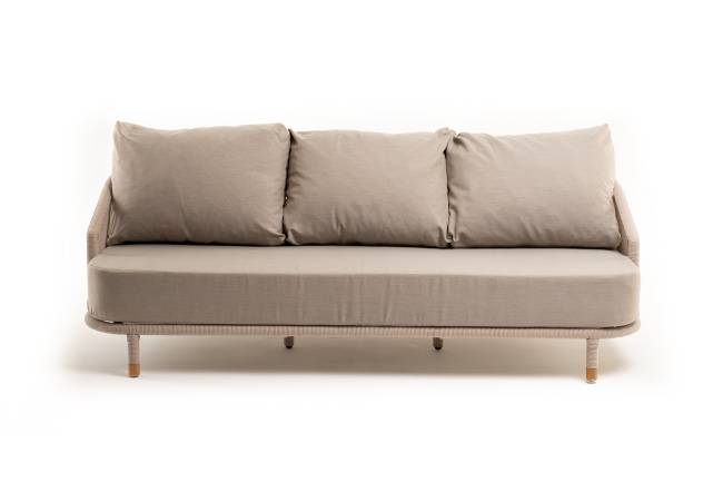 "Верона" диван 3-местный плетеный из роупа, каркас алюминий белый муар, роуп бежевый круглый, ткань бежевая 15052 "Верона" диван 3-местный плетеный из роупа, каркас алюминий белый муар, роуп бежевый круглый, ткань бежевая 15052