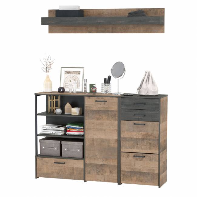 Обувница Трувор с широким комодом и навесной полкой цвет дуб гранж песочный/интра