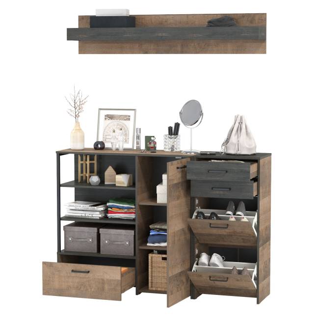 Обувница Трувор с широким комодом и навесной полкой цвет дуб гранж песочный/интра