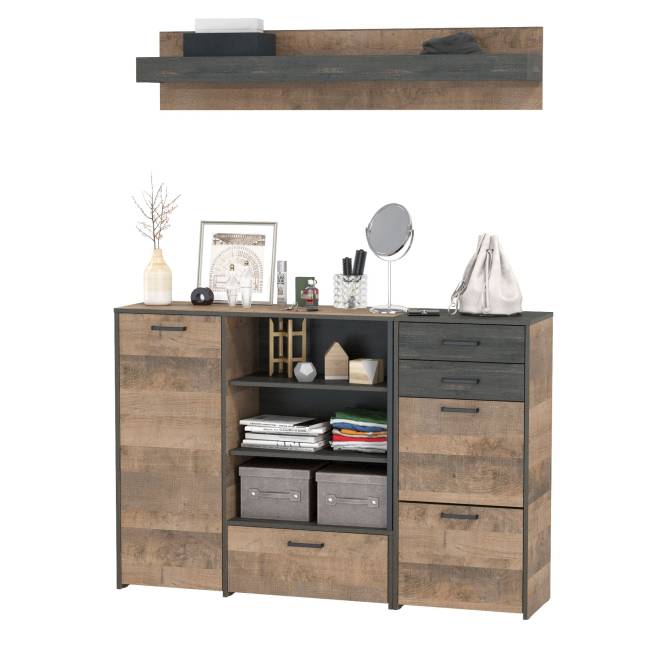 Обувница Трувор с широким комодом и навесной полкой цвет дуб гранж песочный/интра