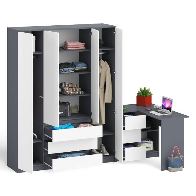 Стол компьютерный угловой с тумбой слева и шкаф 1600 Мори цвет графит/белый