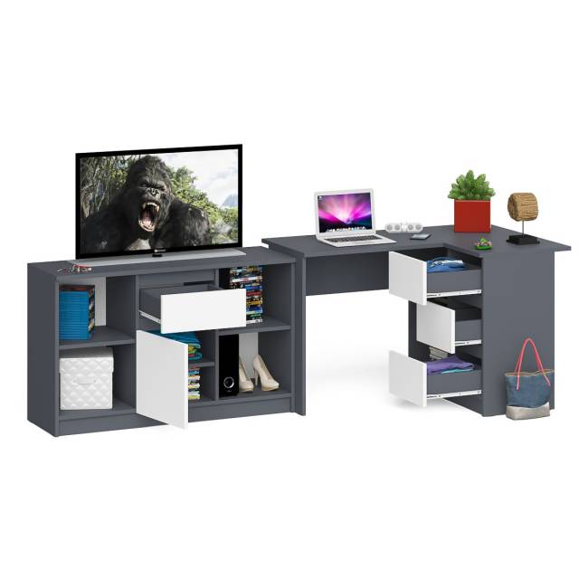 Тумба с ящиком и дверкой Мори 1204 с угловым компьютерным столом МС-16 правым цвет графит/белый
