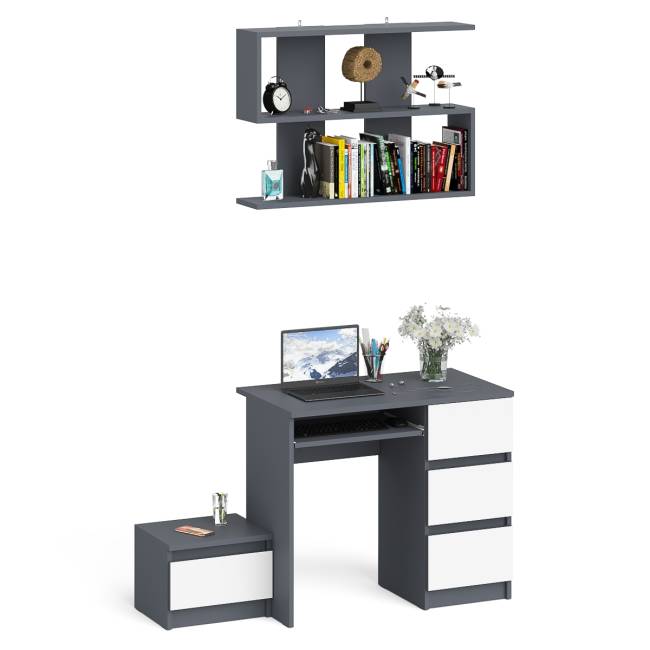 Компьютерный стол Мори МС-6 ящики справа с навесной полкой 900 и тумбой с ящиком цвет графит/белый