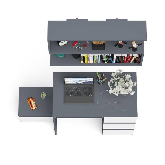 Компьютерный стол Мори МС-6 ящики справа с навесной полкой 900 и тумбой с ящиком цвет графит/белый