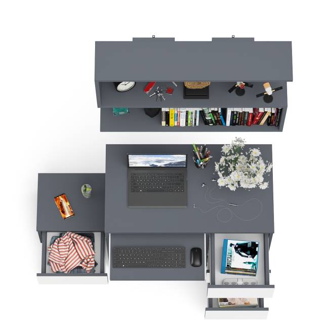 Компьютерный стол Мори МС-6 ящики справа с навесной полкой 900 и тумбой с ящиком цвет графит/белый