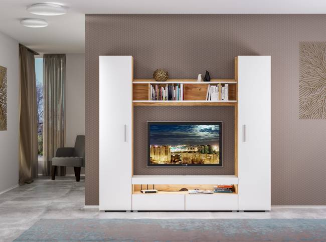 Тумба под ТВ Альба цвет дуб крафт золотой/белый премиум