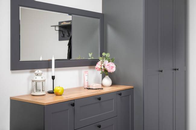 Тумба две дверки с зеркалом Остин цвет серый графит/дуб крафт золотой