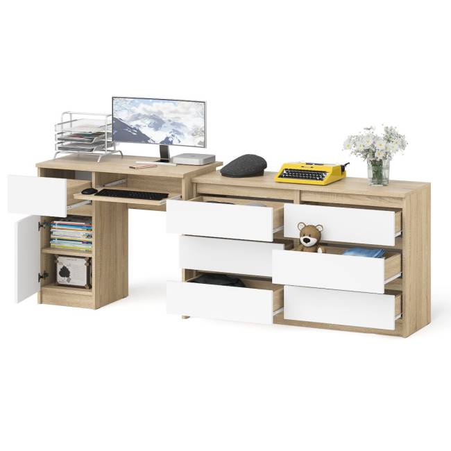 Стол компьютерный МС-1 с дверкой слева с широким комодом 1200 6-ть ящиков Мори цвет дуб сонома/белый