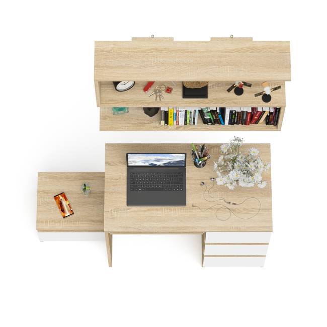 Компьютерный стол Мори МС-6 ящики справа с навесной полкой 900 и тумбой с ящиком цвет дуб сонома/белый