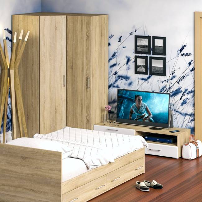 Мебель для спальни Стандарт № 4 с кроватью 1200 с ящиками цвет дуб сонома/фасады ТВ тумбы МДФ белый глянец