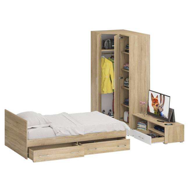 Мебель для спальни Стандарт № 4 с кроватью 1200 с ящиками цвет дуб сонома/фасады ТВ тумбы МДФ белый глянец