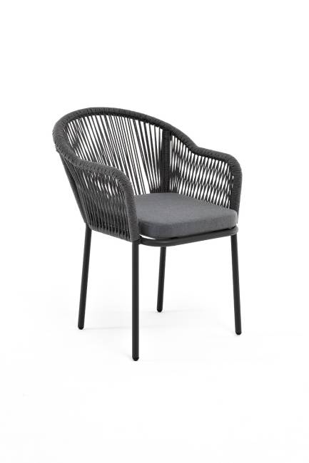 "Лион" стул плетеный из роупа, каркас из стали темно-серый (RAL7024) шагрень, роуп темно-серый круглый, ткань серая