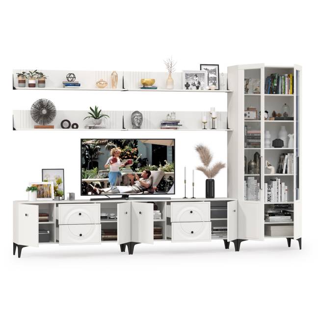Сервант для гостиной Валенсия с двумя ТВ-тумбами и четыре полки цвет белый шагрень
