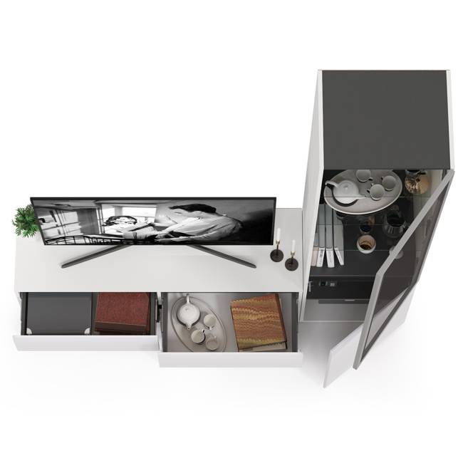 Гостиная Сидней № 9 с фасадами стекло цвет белый/чёрный/фасады МДФ белый глянец