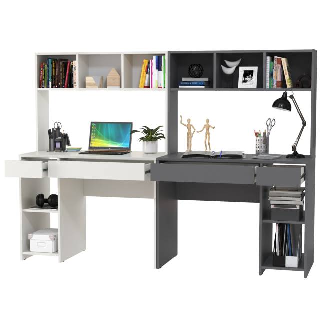 Два компьютерных стола с надстройкой Комфорт 12.77F цвет белый шагрень/тёмно-серый