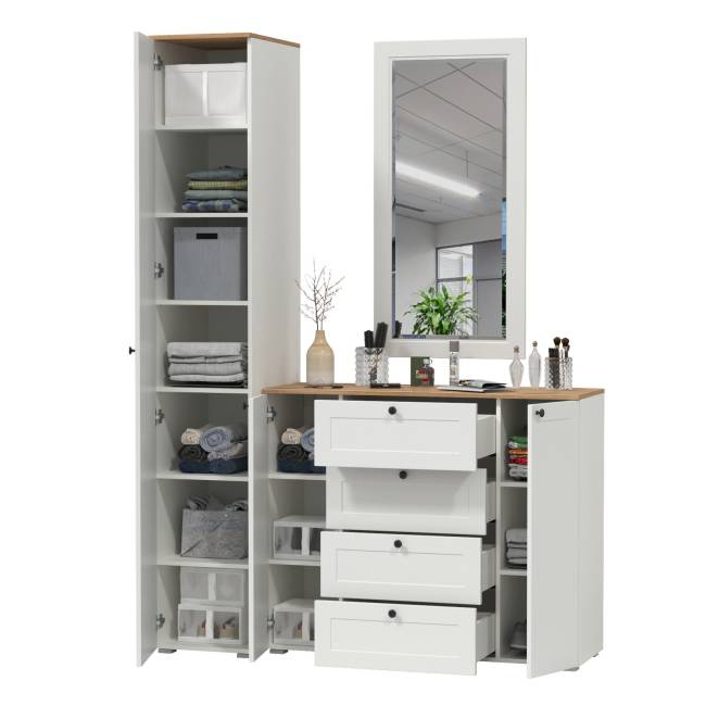 Комод четыре ящика и две дверки с пеналом для прихожей и зеркалом Остин цвет белый шагрень/дуб крафт золотой