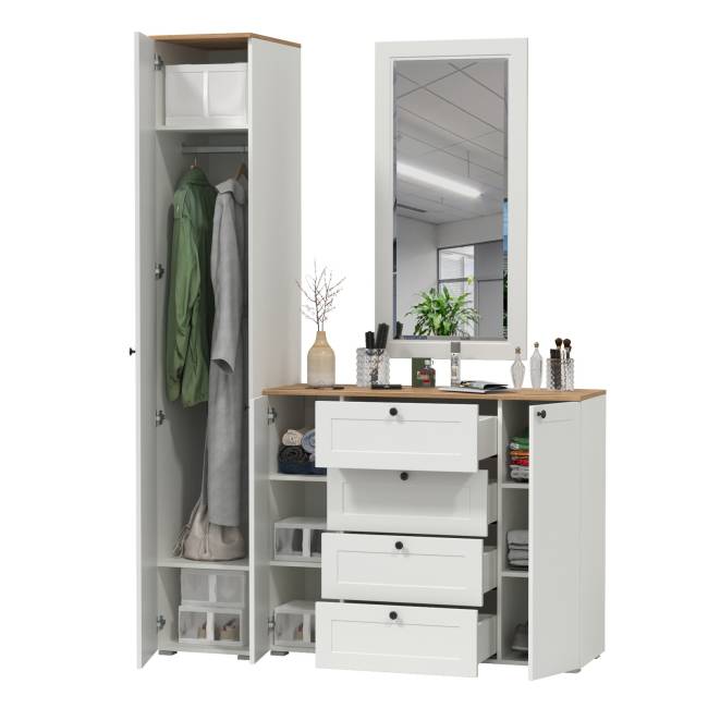 Комод четыре ящика и две дверки с пеналом для прихожей и зеркалом Остин цвет белый шагрень/дуб крафт золотой