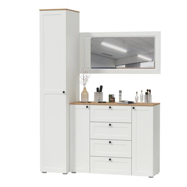 Комод четыре ящика и две дверки с пеналом для прихожей и зеркалом Остин цвет белый шагрень/дуб крафт золотой