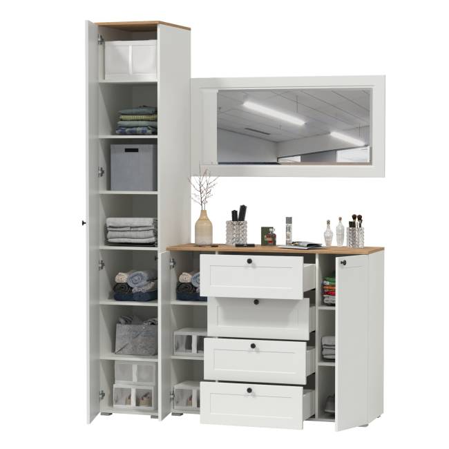 Комод четыре ящика и две дверки с пеналом для прихожей и зеркалом Остин цвет белый шагрень/дуб крафт золотой